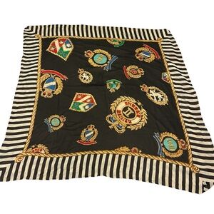 Anne Klein Vintage Silk Black and White Striped Scarf with Colorful Crests